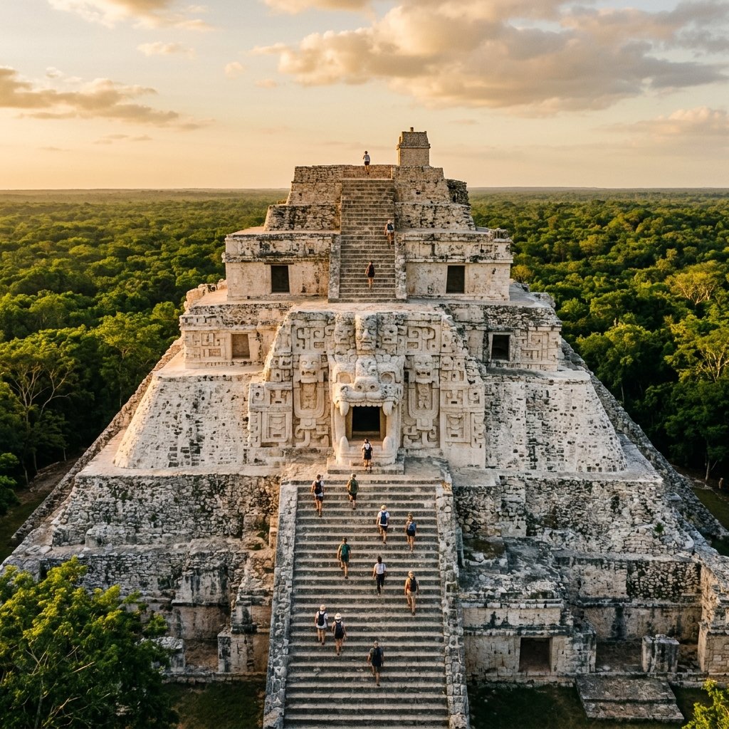 The towering Acropolis at Ek Balam rising above the Yucatán jungle, with visitors climbing the steep stone steps in golden afternoon light