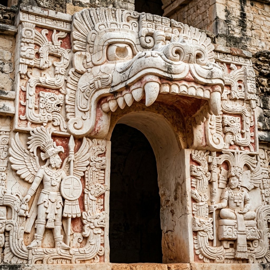 The extraordinary stucco mouth entrance at Ek Balam — a monstrous open jaw framing the doorway to the royal tomb of Ukit Kan Le'k Tok'