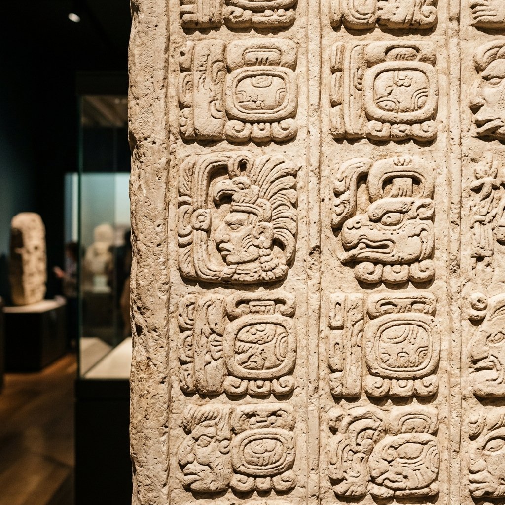 Ancient Maya hieroglyphic inscription panel with carved emblem glyphs — archaeological artifact photography