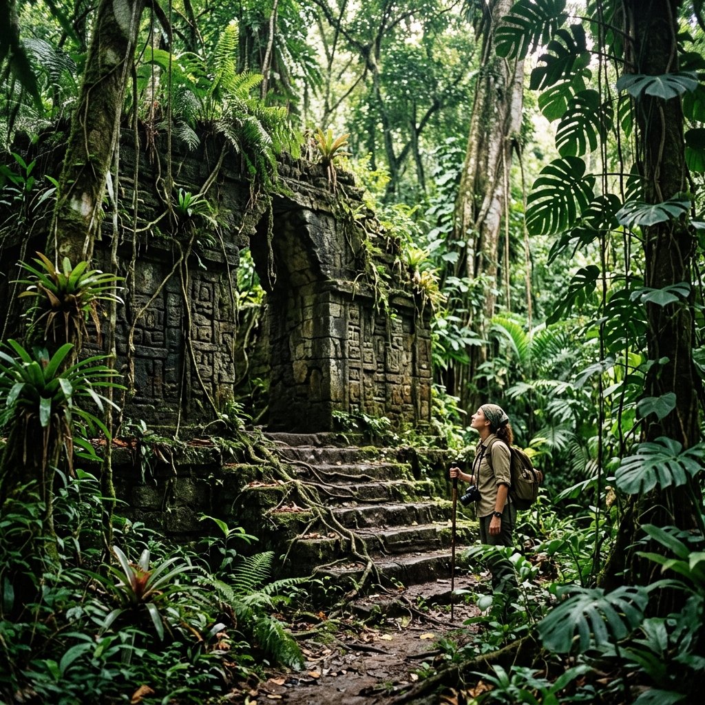 Hidden Maya temple surrounded by dense jungle canopy