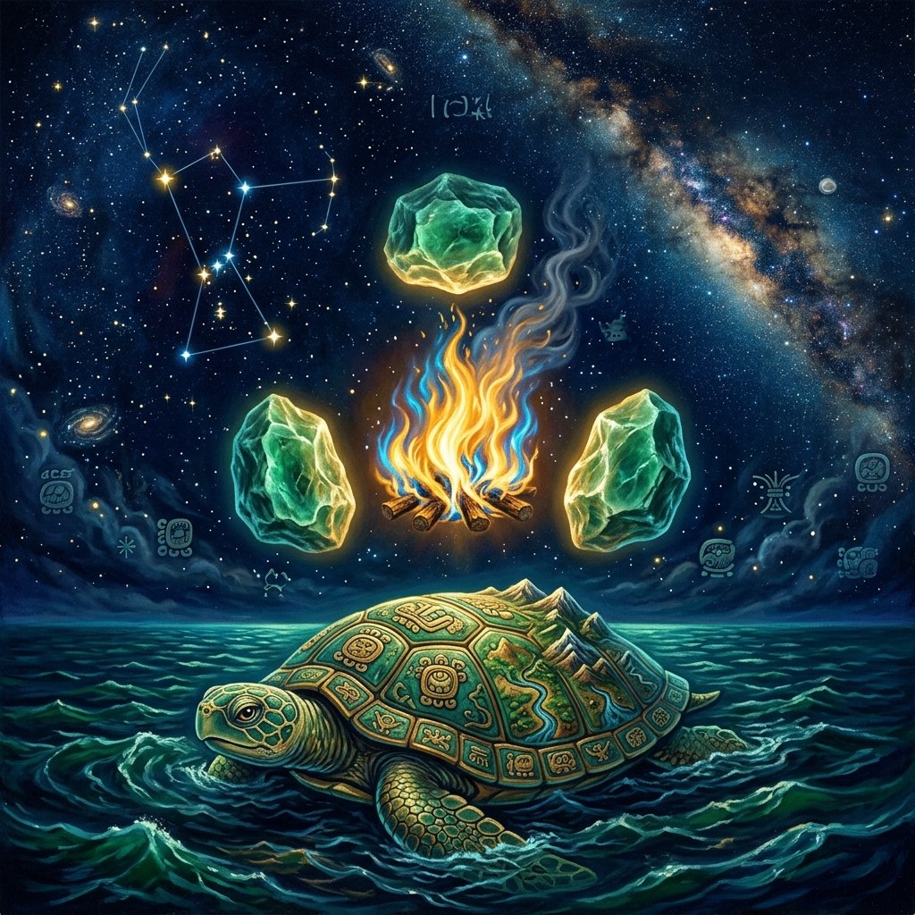 Cosmic Maya creation scene — three hearthstones in the night sky above the earth-turtle emerging from primordial waters