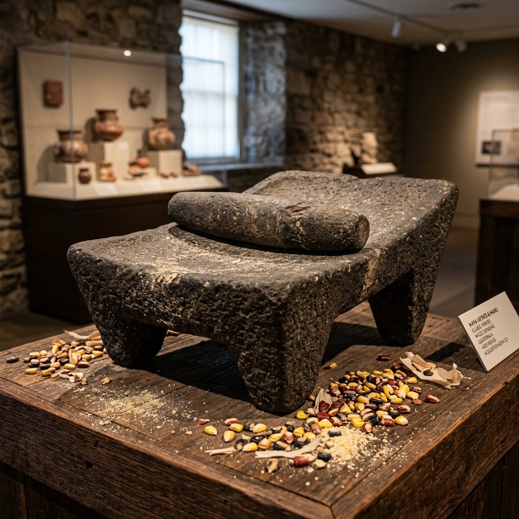 An ancient Maya stone metate (grinding stone) with a cylindrical mano resting on top, showing centuries of wear from grinding maize into masa