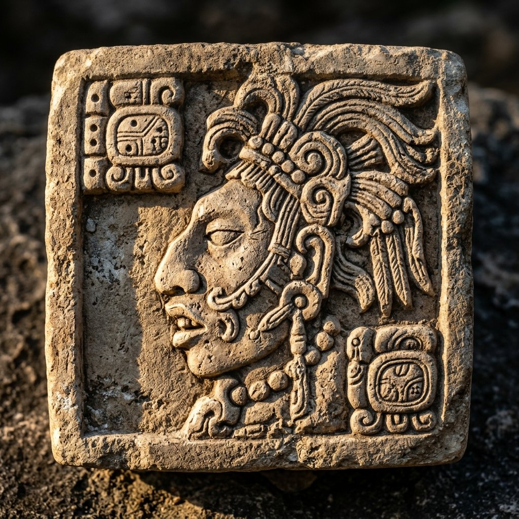 An extreme close-up of a single ancient Maya glyph block carved in limestone, showing a stylized face in profile with smaller prefix and suffix signs, dramatically lit to reveal carving depth