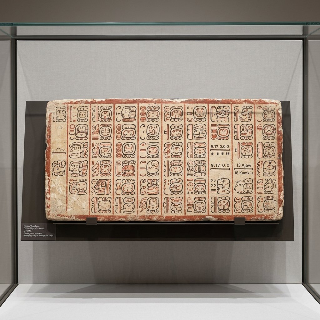 An ancient Maya painted capstone displayed in a museum case, with hieroglyphic text painted in fine red and black pigments on a cream surface, demonstrating the painted tradition of Maya writing
