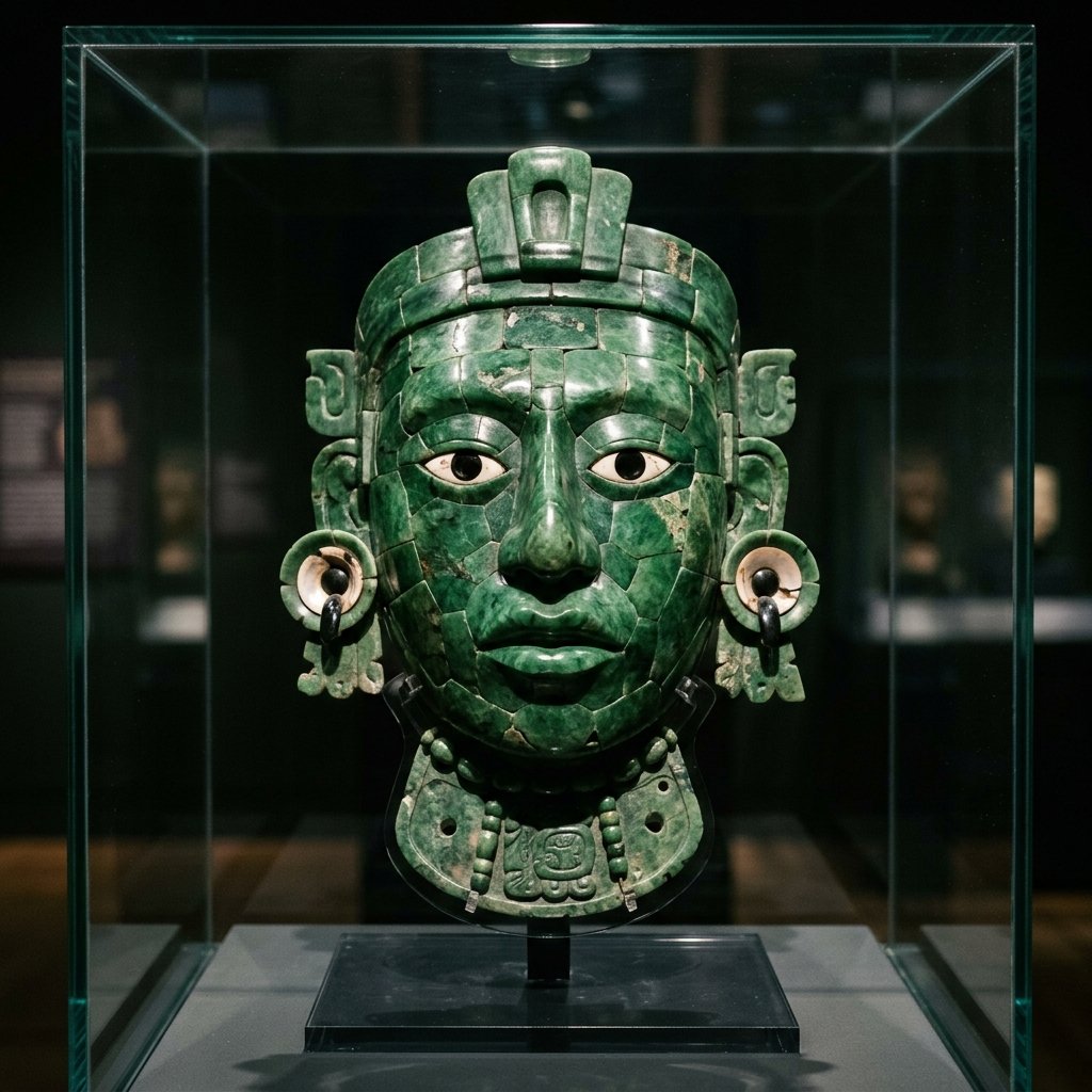 A massive ancient Maya stucco mask flanking a pyramid stairway, painted in red and cream colors