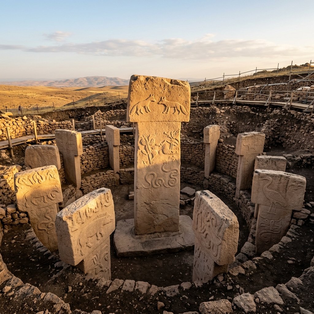 Massive T-shaped limestone pillars at Göbekli Tepe archaeological site in Turkey, carved with detailed animal reliefs and arranged in circular enclosures