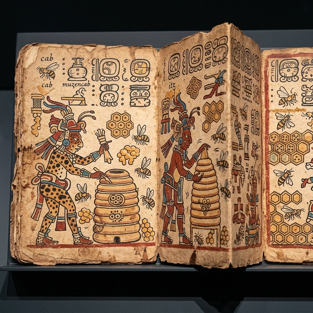 Pages from the Madrid Codex showing painted images of bees, beehives, and deity figures tending to hives in red, black, and blue pigments