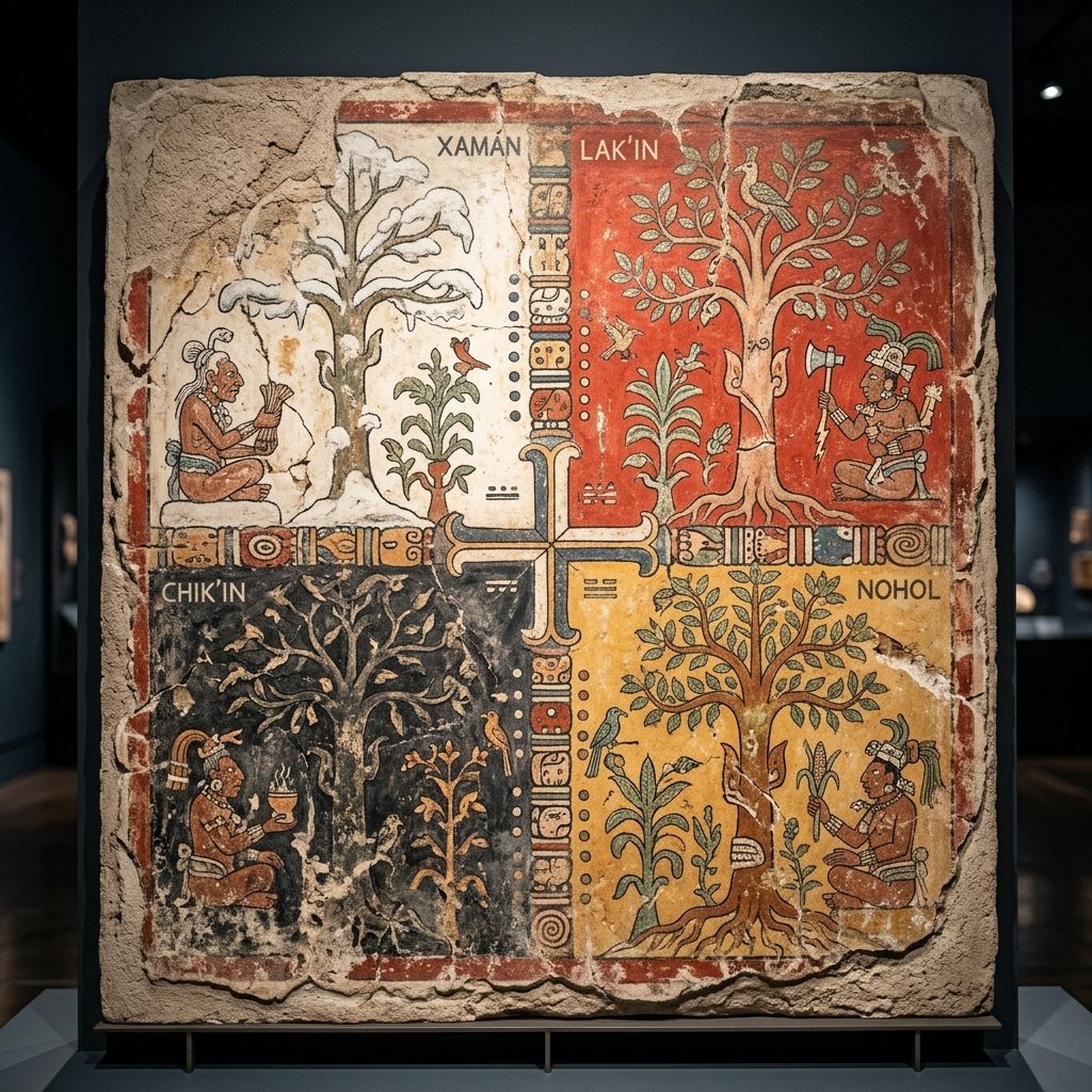 Ancient Maya mural showing the four cardinal directions with different colored quadrants, world trees, and deity figures