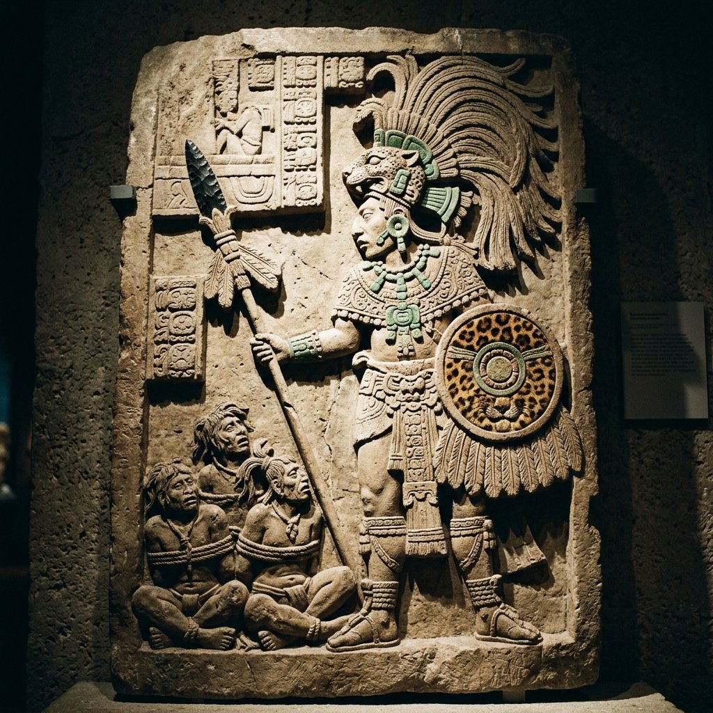 Ancient Maya carved stone lintel showing a warrior in battle regalia with jaguar-skin shield and captured prisoners at his feet