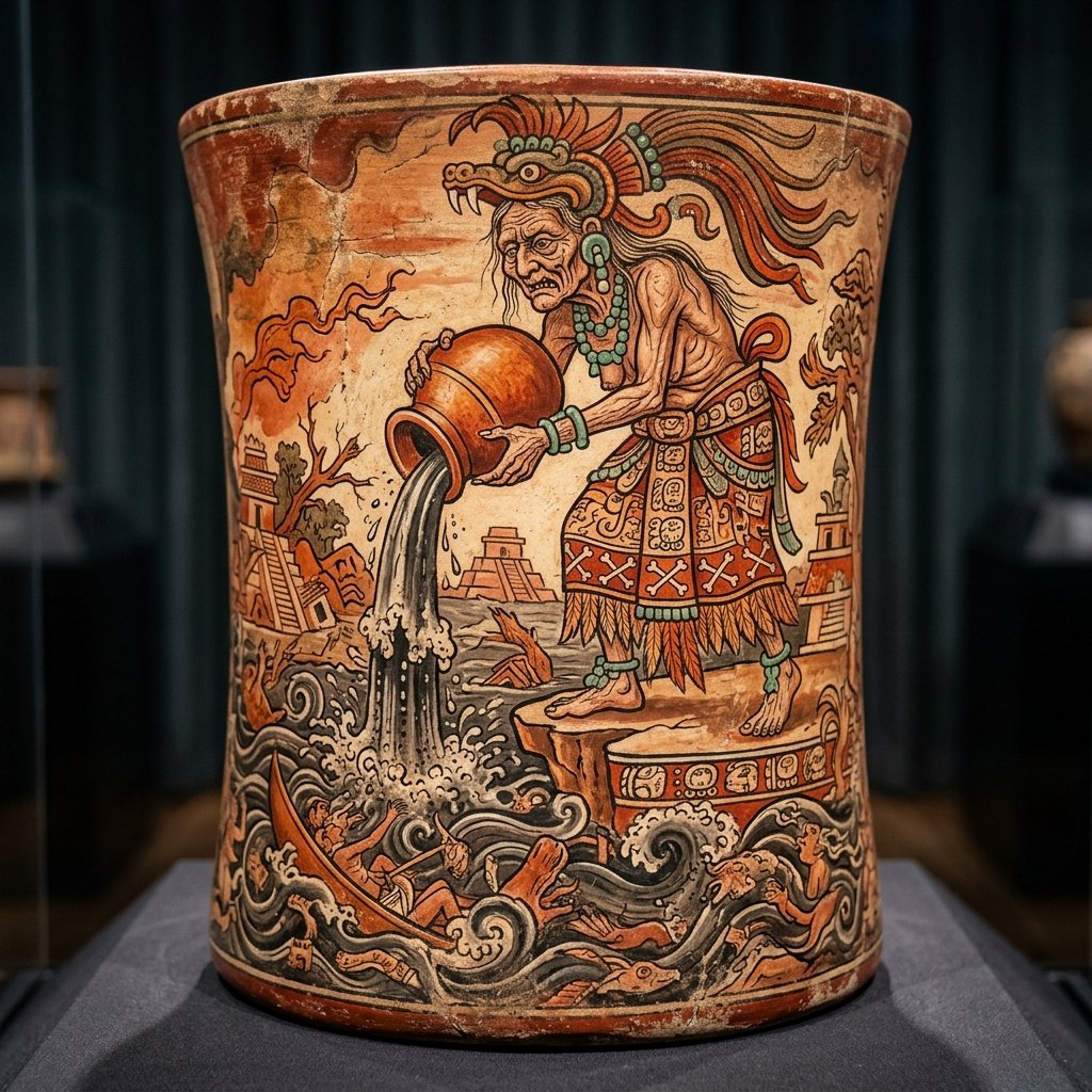 Ancient Maya polychrome ceramic showing an aged female deity pouring water from an overturned jar causing a great flood, wearing a bone-decorated skirt