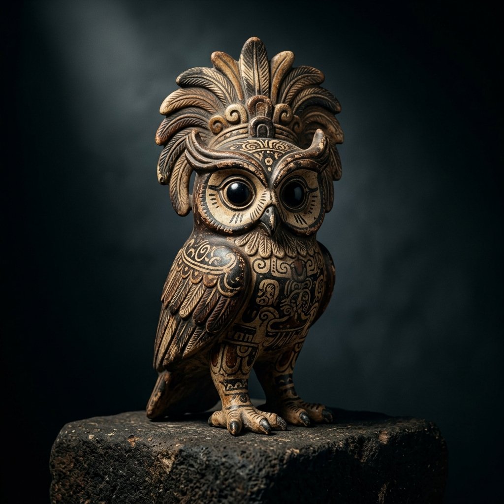 Ancient Maya polychrome ceramic figurine of a Muan owl with elaborate feathered crest and large round eyes, museum spotlight on dark background