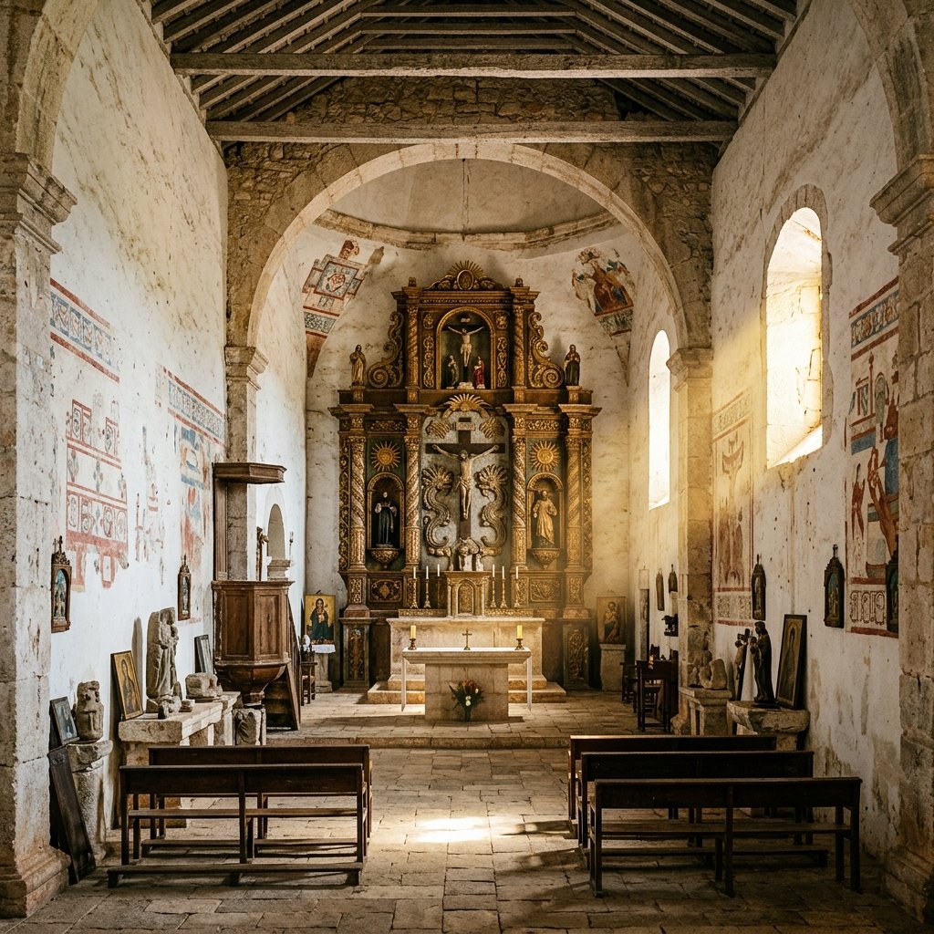 Interior of a 16th-century colonial Spanish mission church in the Yucatan with whitewashed walls, indigenous Maya motifs blended with Catholic imagery, and dramatic sunlight