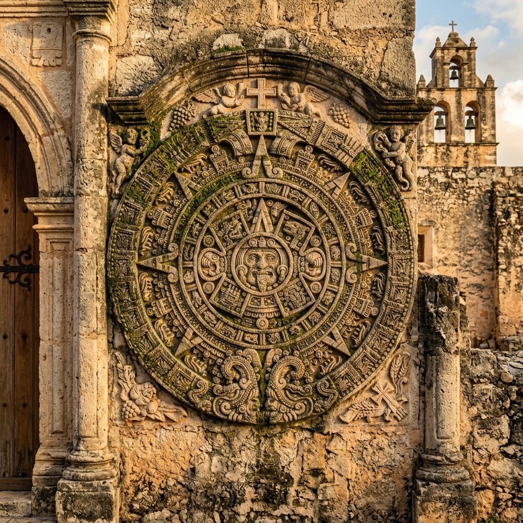A colonial-era stone carving combining Maya and Spanish Christian iconographic elements on a 16th-century church facade in the Yucatan