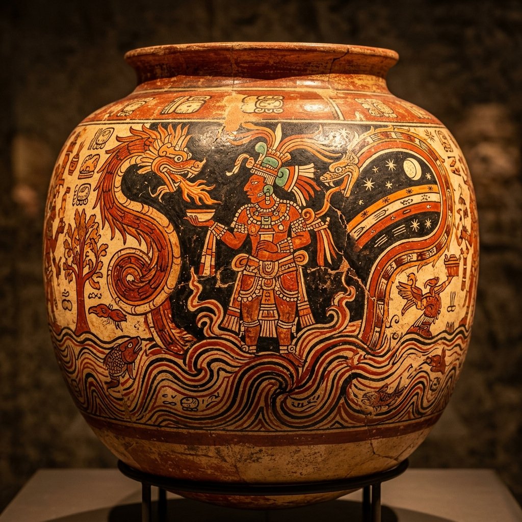 Ancient Maya polychrome ceramic depicting a creation scene with a deity emerging from primordial cosmic waters surrounded by serpents