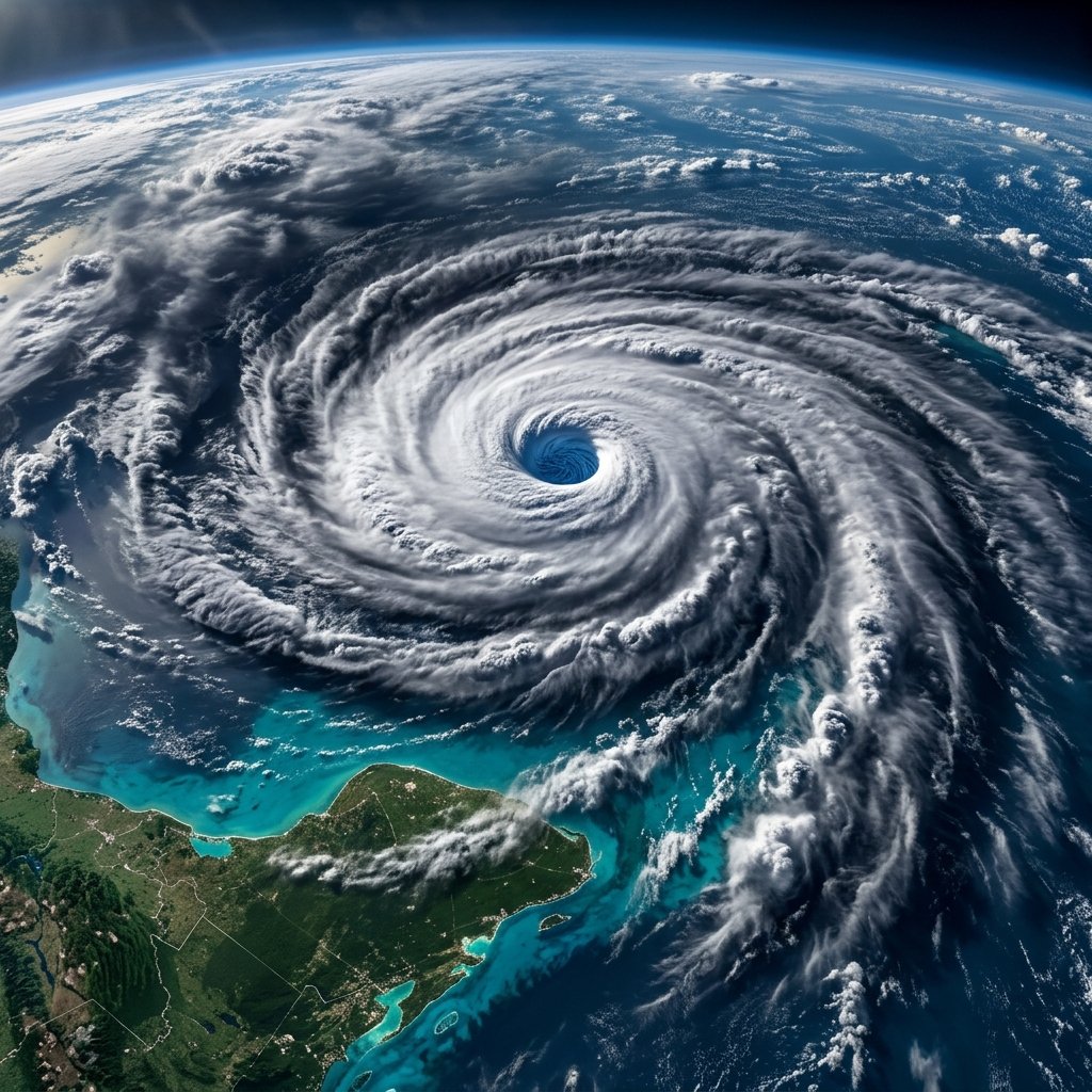 Aerial view of a massive hurricane over the Caribbean Sea showing the spiral structure and eye of the storm near the Yucatan Peninsula