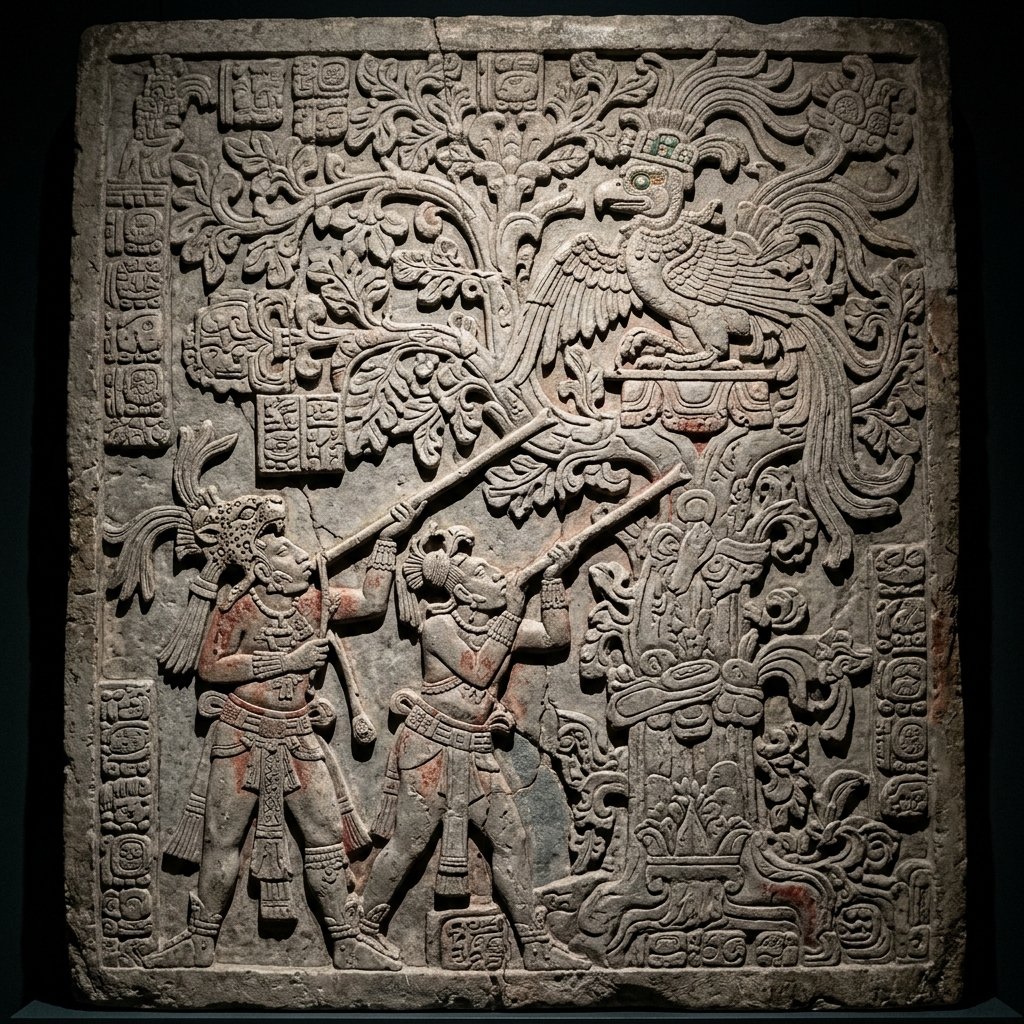 Ancient Maya carved stone relief showing two young warrior figures with blowguns aiming at a large bird deity in a great tree