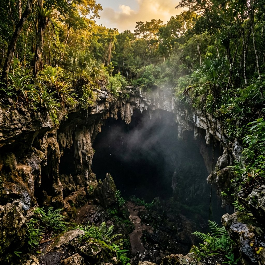 The dark entrance to a natural limestone cave in the Yucatan jungle surrounded by stalactites and tropical vegetation with mist rising from inside