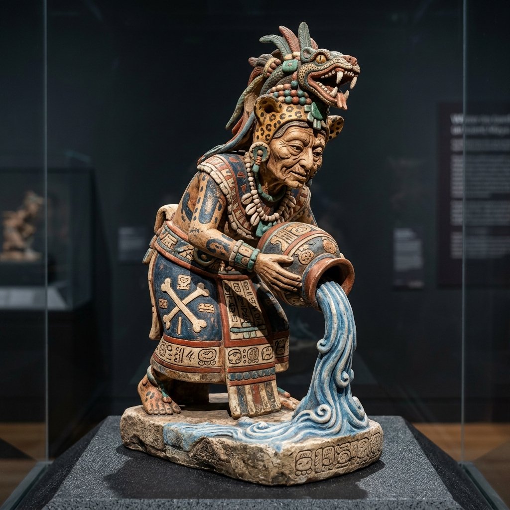 Ancient Maya painted ceramic depicting Goddess O as an aged figure with serpent headdress and jaguar features