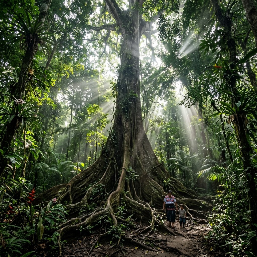 A massive sacred ceiba tree in a Central American rainforest, its enormous buttress roots spreading across the jungle floor and its canopy stretching toward the sky, with dramatic shafts of sunlight filtering through