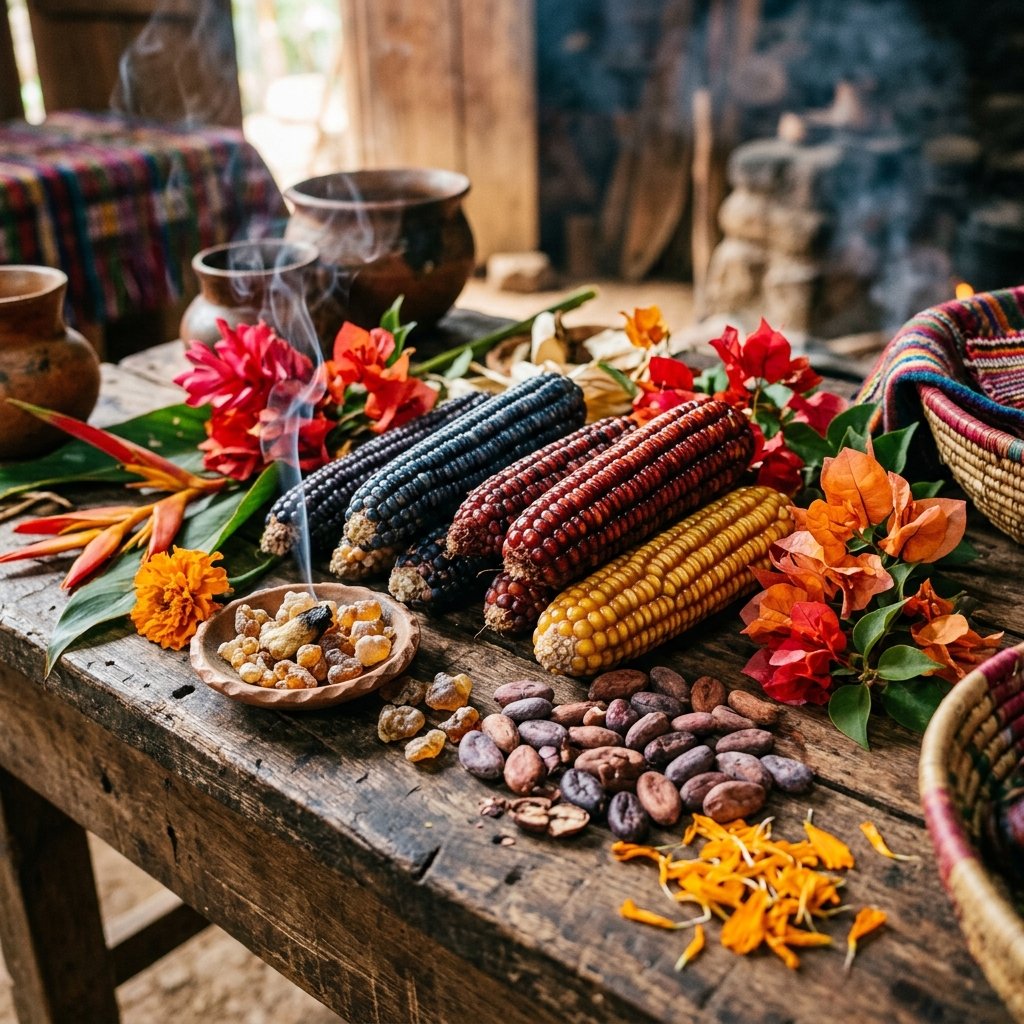 Colorful ears of heritage Mesoamerican maize in deep reds, purples, blues, and golden yellows arranged with dried copal incense, cacao beans, and tropical flowers — traditional Maya ritual offerings