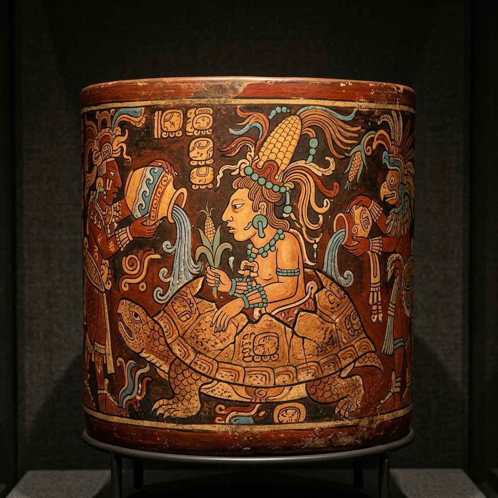 Classic Maya painted ceramic depicting the Maize God emerging from a cracked turtle shell — museum artifact photography