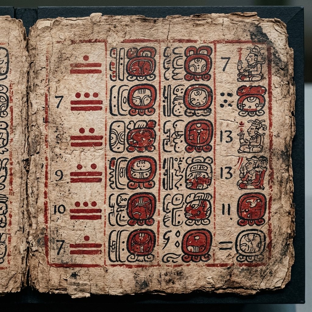 Close-up conservation photograph of an ancient Maya codex page showing painted Haab calendar month glyphs with red and black pigments on aged bark paper