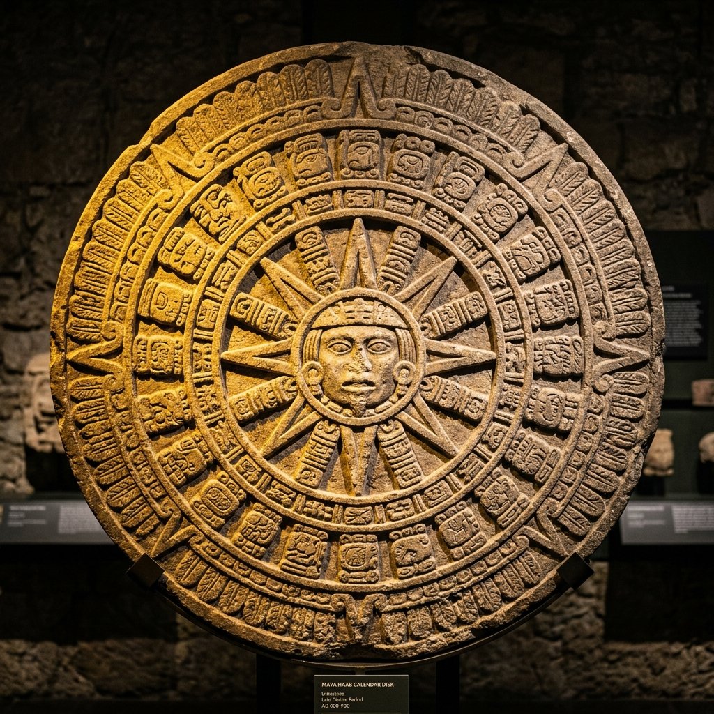 Ancient Maya carved limestone sun disk representing the Haab' solar calendar with radiating rays and agricultural month glyphs