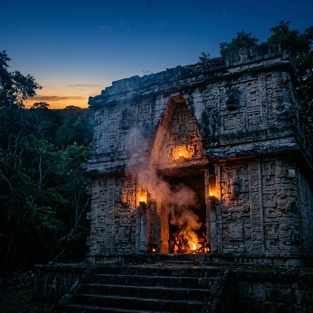 Atmospheric photograph of a Maya temple entrance at dusk with copal incense smoke drifting through ancient doorways, evoking the dangerous liminal period of Wayeb