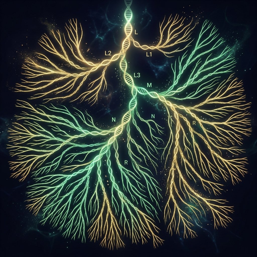 Scientific visualization of mitochondrial DNA haplogroup branching patterns — luminous golden and jade-green phylogenetic trees against a dark background