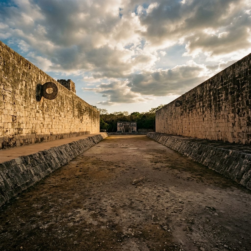 The Great Ball Court at Chichén Itzá — a long rectangular stone playing field flanked by high sloping walls, with a carved stone ring goal visible on one wall