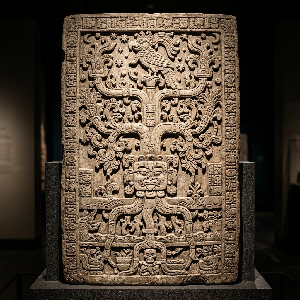 An ancient Maya carved stone panel showing the World Tree (Wakah Kan) growing from the center of the cosmic plane with branches reaching into the heavens and roots descending into the underworld, with a celestial bird perching on top