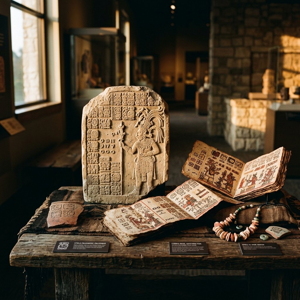 Maya calendrical artifacts and codex on a table