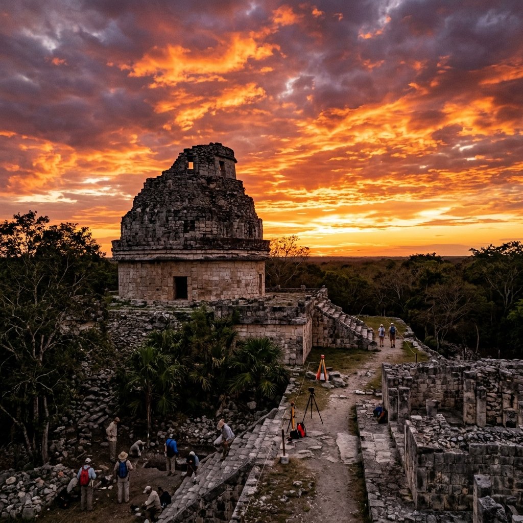 Archaeological field photograph of the Caracol observatory round tower at Chichen Itza under a dramatic sunset sky, stone tower silhouetted against glowing clouds