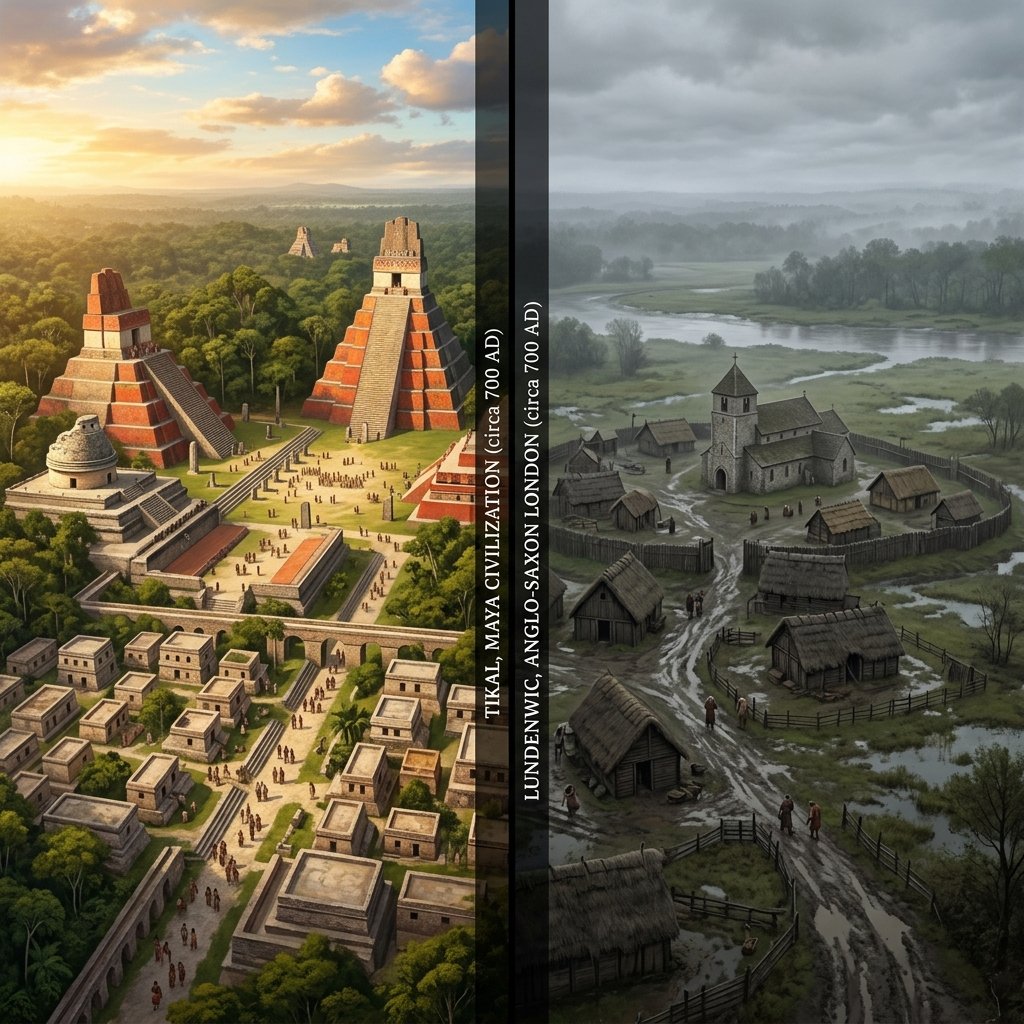 A split comparison — a magnificent Maya city with painted pyramids and wide plazas on the left, and a modest medieval European settlement on the right, both circa 700 AD