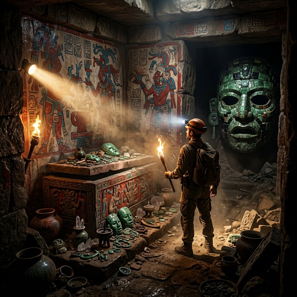 Inside an undiscovered Maya tomb — torchlight reveals jade treasures, painted murals, and a death mask emerging from a thousand years of darkness