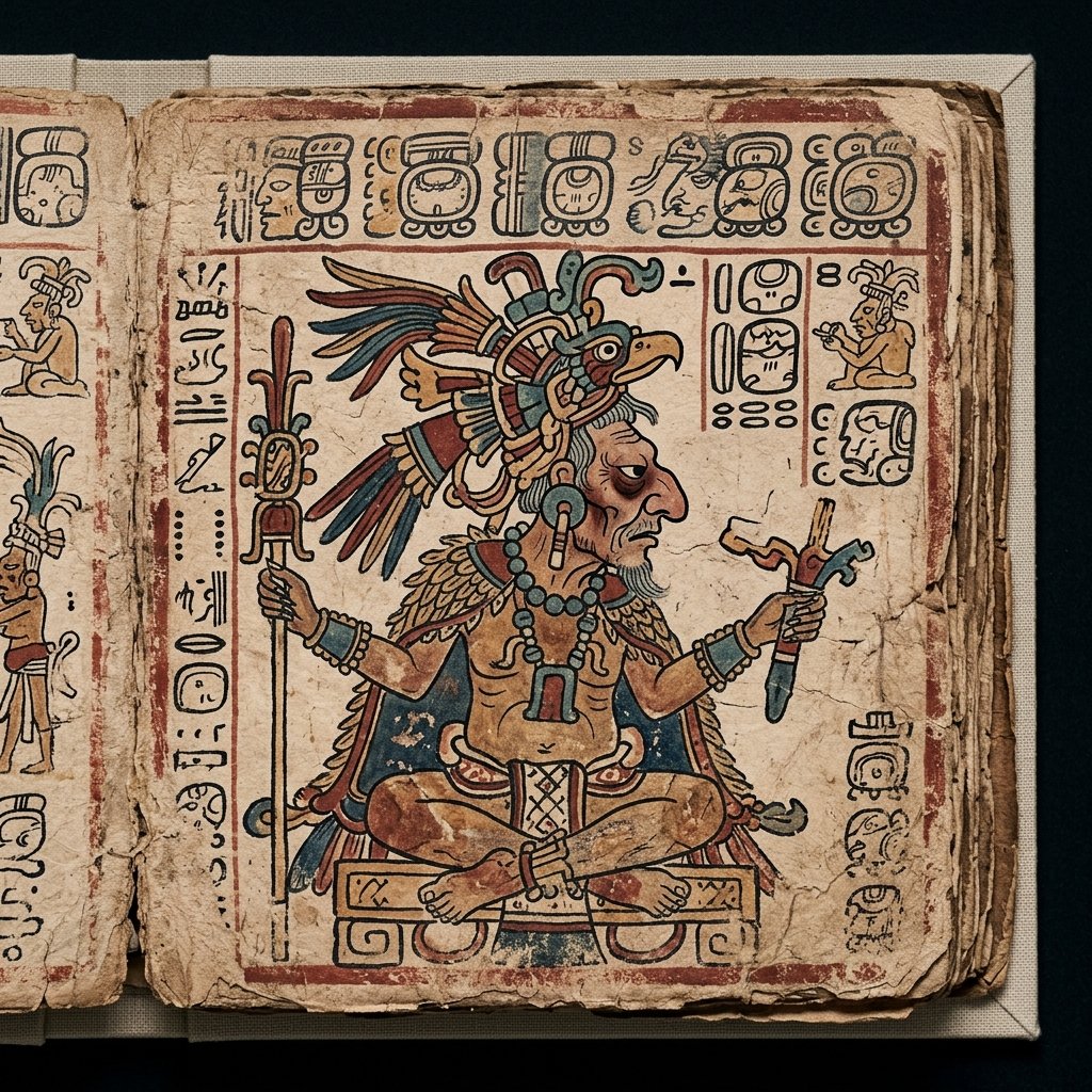 God D (Itzamná) depicted in a Maya codex as an elderly figure with a large Roman nose, sunken cheeks, and elaborate headdress, painted in red, black, and blue pigments on bark paper