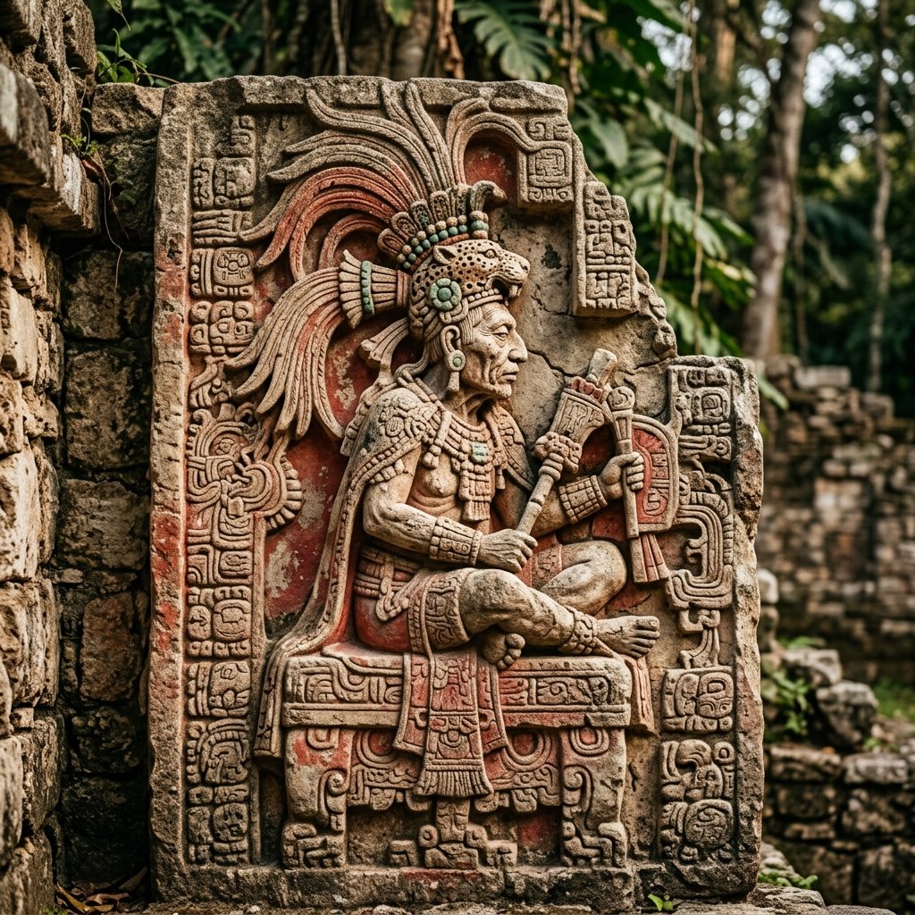 An ancient Maya stone relief carved with an elderly deity figure seated on a throne wearing an elaborate feathered headdress, with traces of original pigment on the weathered limestone