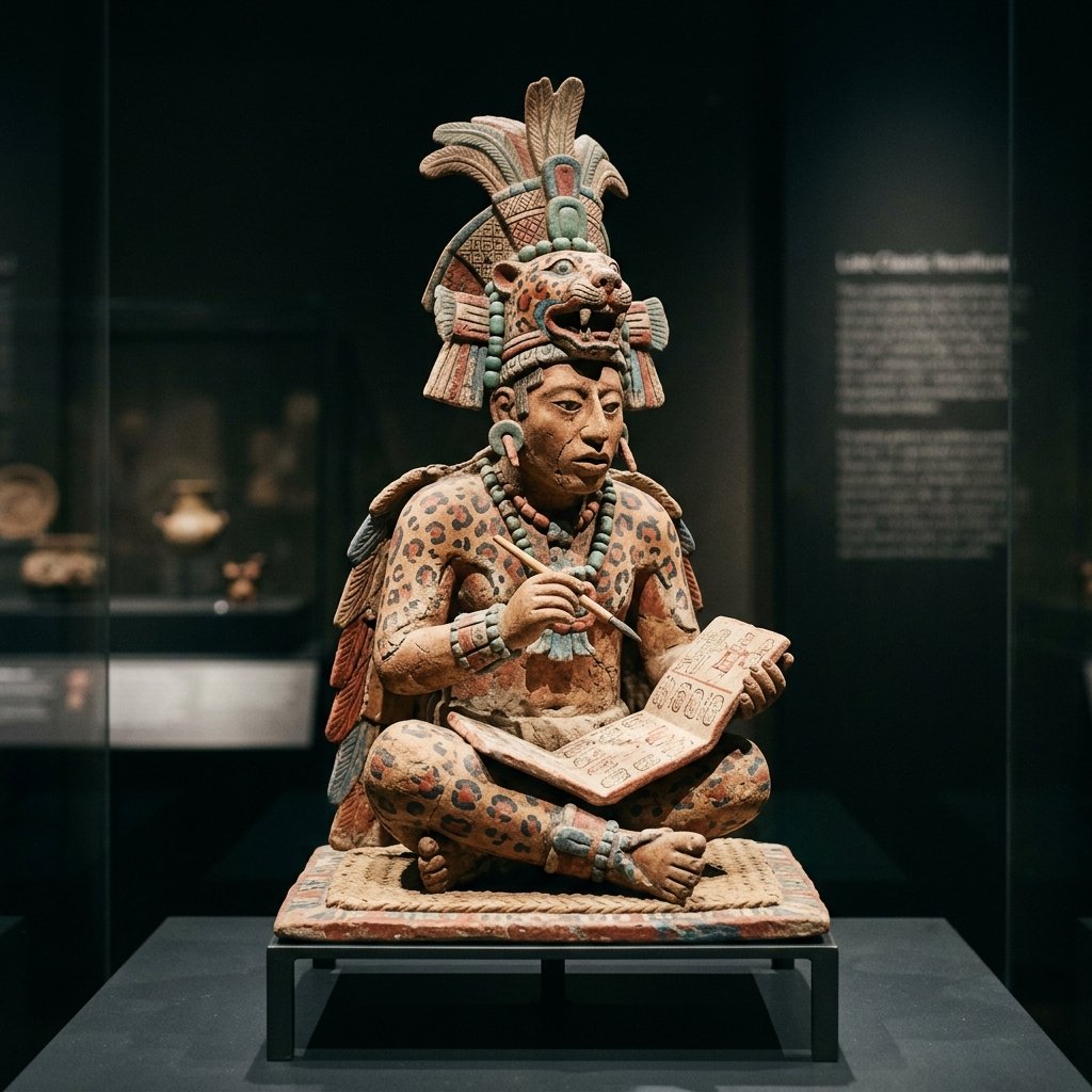 An ancient Maya painted ceramic figurine of a scribe sitting cross-legged, holding a codex and brush, wearing a tall headdress, with traces of original paint, photographed against a museum dark background