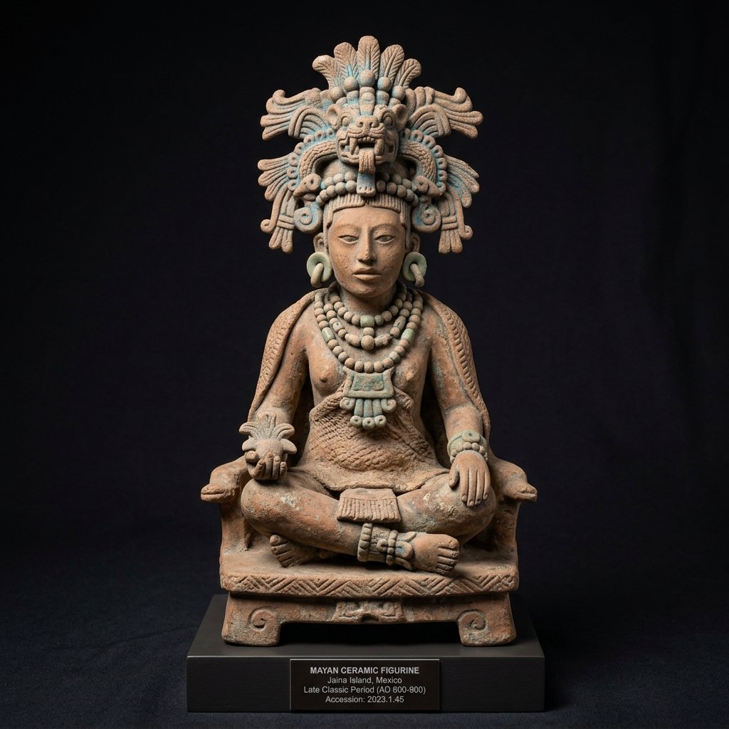 An ancient Maya ceramic figurine of a seated female deity from Jaina Island, wearing an elaborate headdress and jade jewelry, with traces of original Maya blue pigment, photographed against a museum dark background