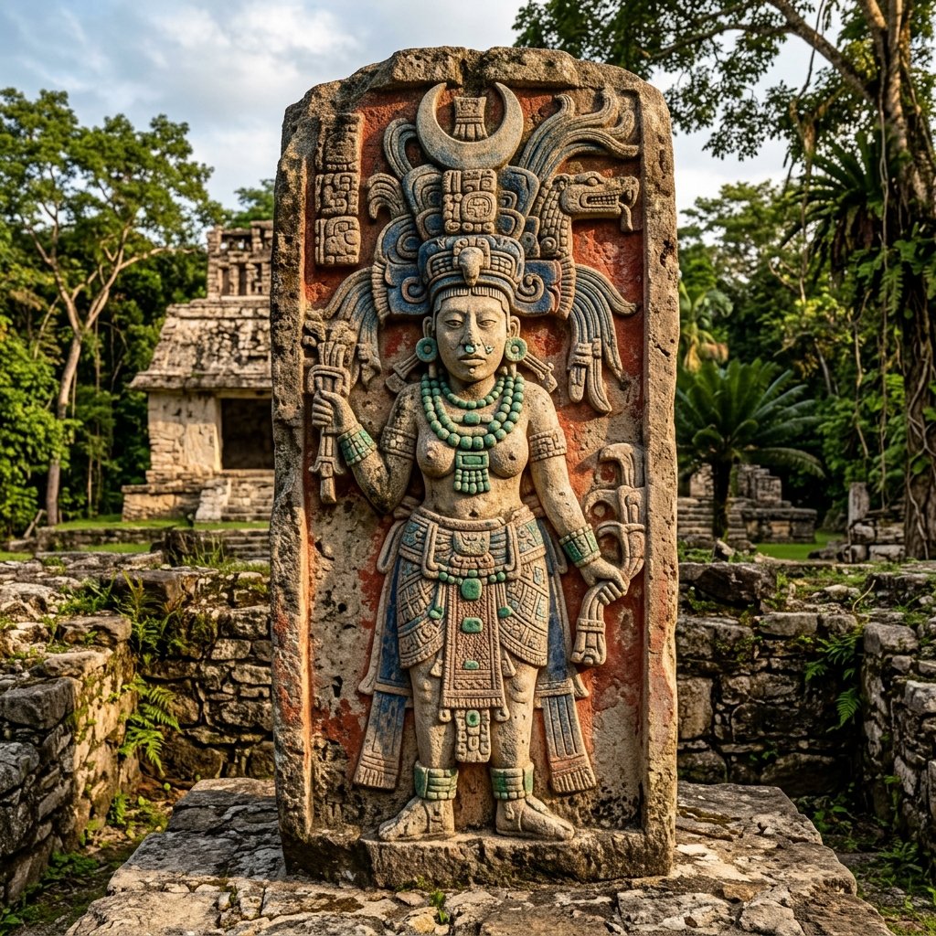 Ancient Maya carved stone relief of a female deity figure with a crescent moon headdress, jade jewelry, and woven skirt, with traces of original blue pigment on the weathered limestone