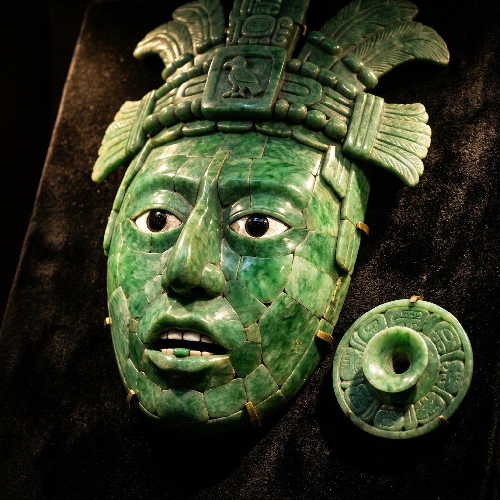 An ancient Maya jade mosaic funerary mask with shell eyes and obsidian pupils, glowing emerald-green under museum lighting
