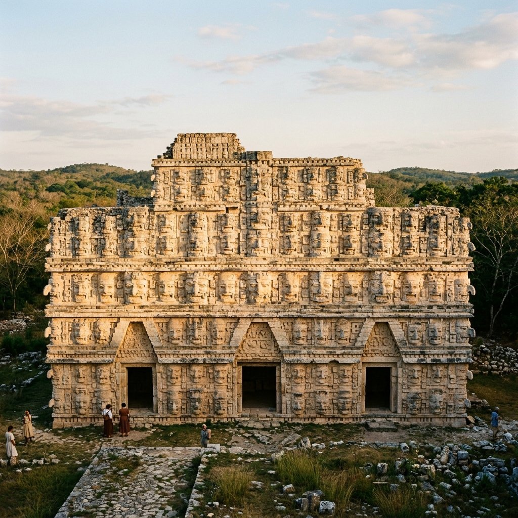 The Codz Poop at Kabah, its facade covered with hundreds of stone masks of the rain god Chaak