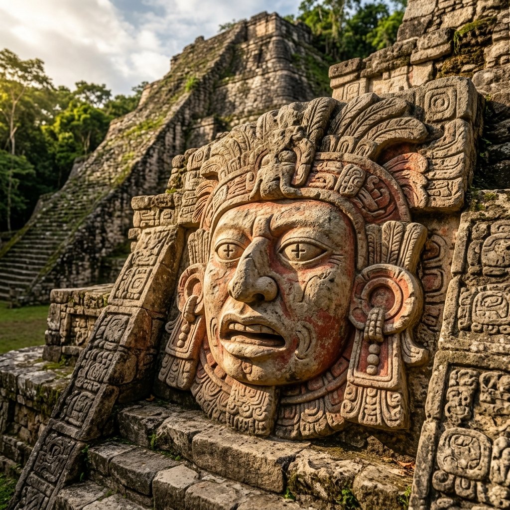 A large ancient Maya stone sun mask carved into a temple facade, with cross-eyes and prominent nose, golden sunlight illuminating the weathered stone with traces of red pigment