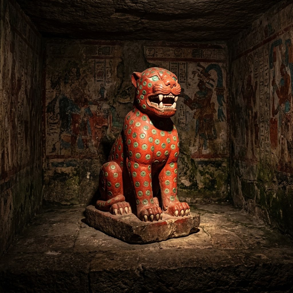 The painted red jaguar throne inside the inner temple of El Castillo at Chichen Itza, a carved stone jaguar painted bright red with jade spots and inlaid jade eyes, in a stone chamber