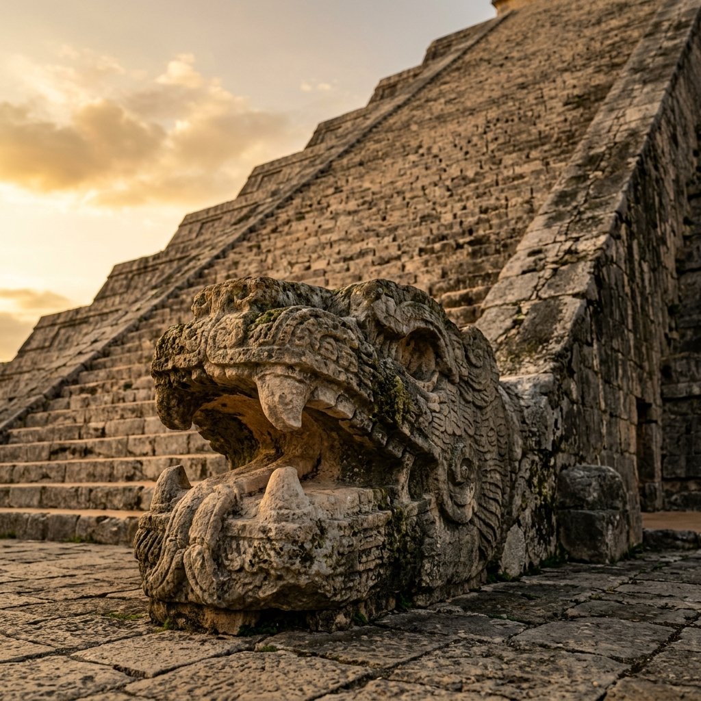 Close-up of the carved stone feathered serpent head at the base of El Castillo pyramid at Chichén Itzá, with the pyramid staircase rising behind it in golden light