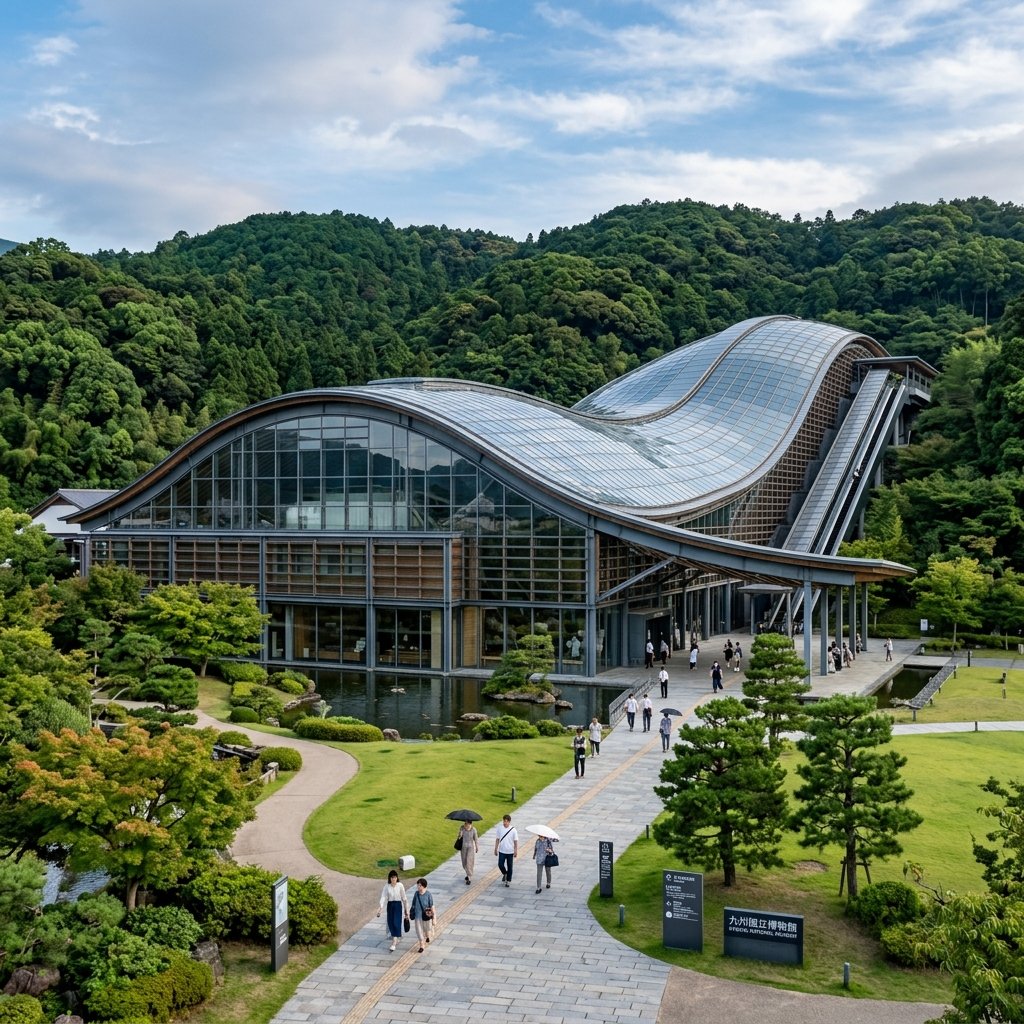 Kyushu National Museum — curved glass building against green hillside
