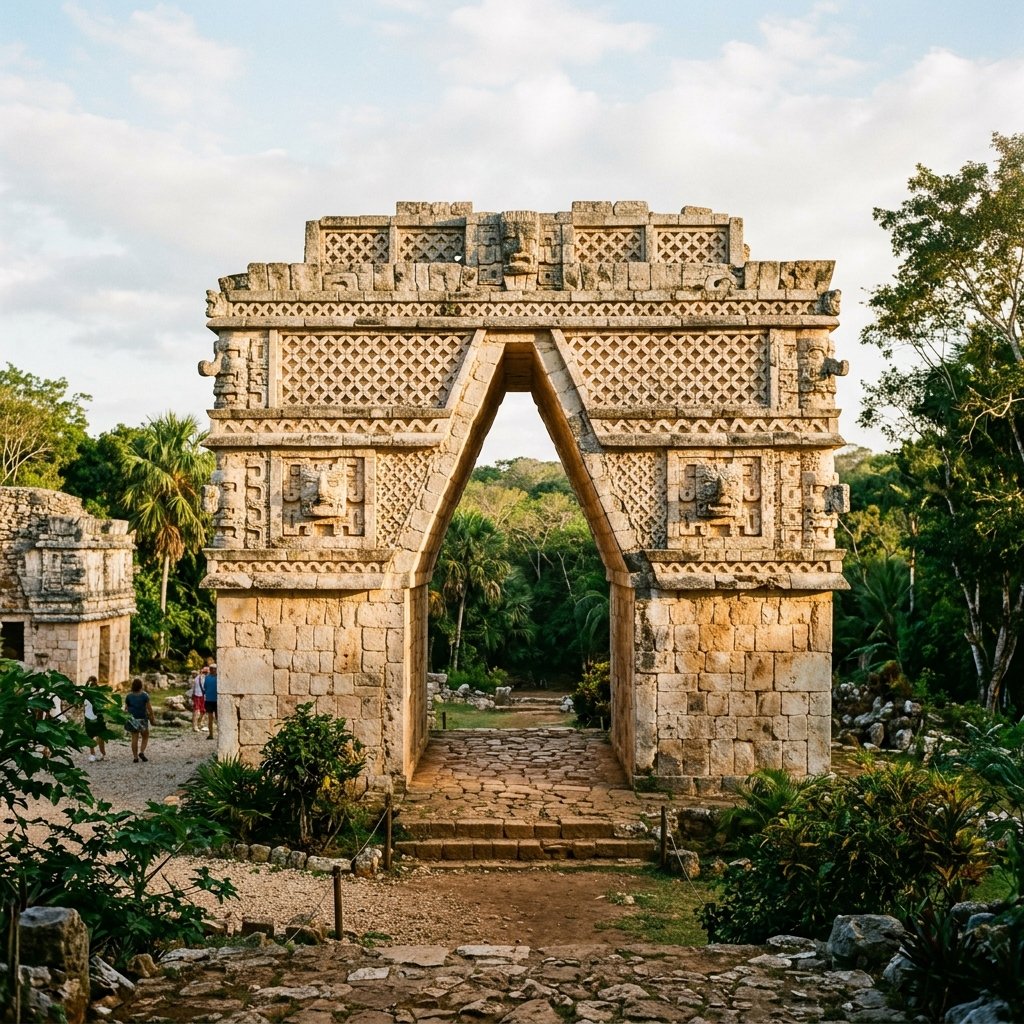 The magnificent freestanding corbel arch at Labná with stone mosaic decoration