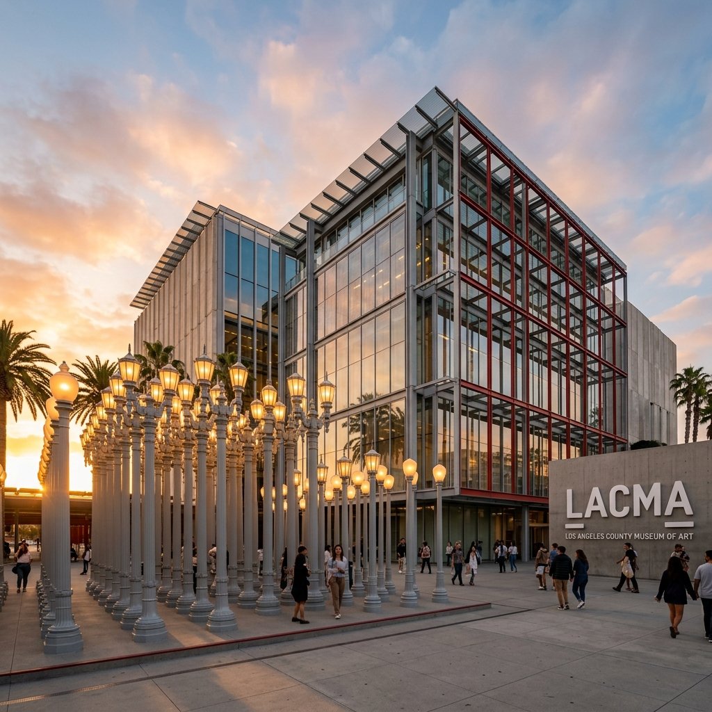 LACMA Los Angeles County Museum of Art exterior with Urban Light installation