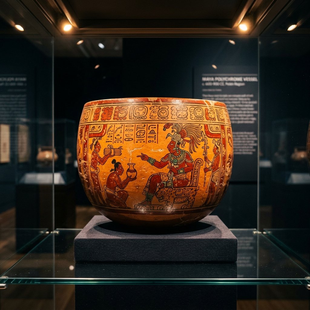 Ancient Maya polychrome ceramic vessel with painted scene of a Maya lord on a throne