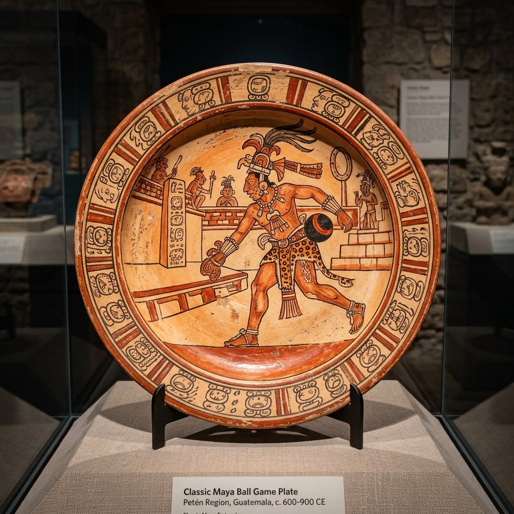 Maya ceramic plate with painted ball game scene